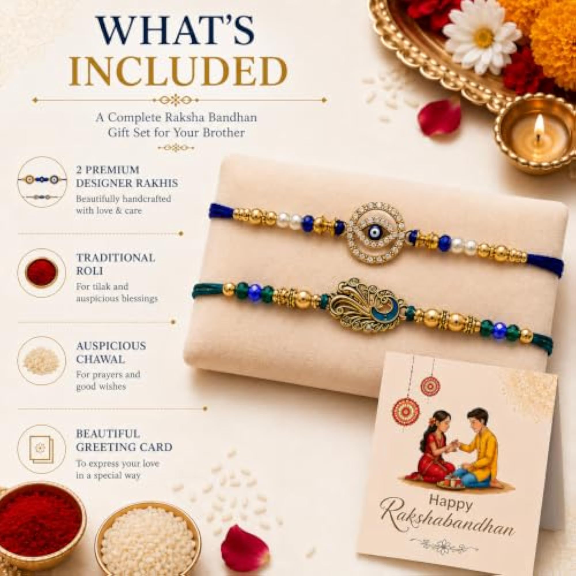 Premium Designer Rakhi Set of 2 for Brother, Evil Eye Combo